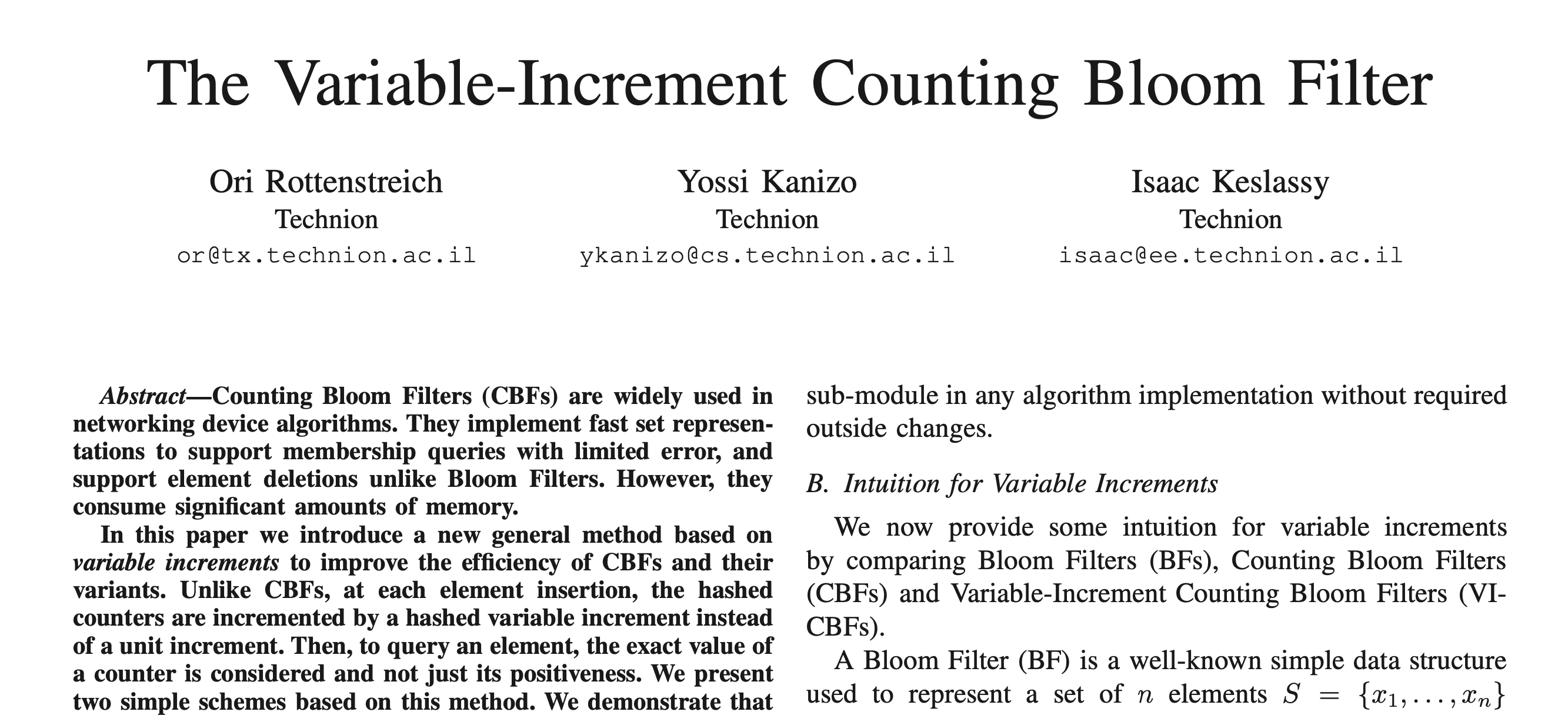 First Page of Variable-Increment Counting Bloom Filters paper